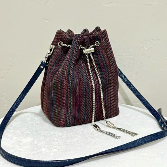 Colorful Stripe  Genuine Woven Leather Drawstring Bucket Bag & 3 Strap Styles - Picture 1 of 16